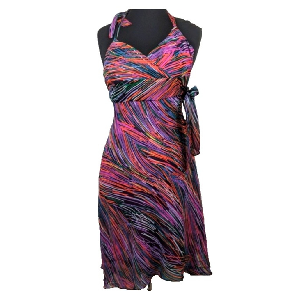 BCBGMAXAZRIA Women 100% Silk Halter Dress Abstract Print Pink Multi Size 2